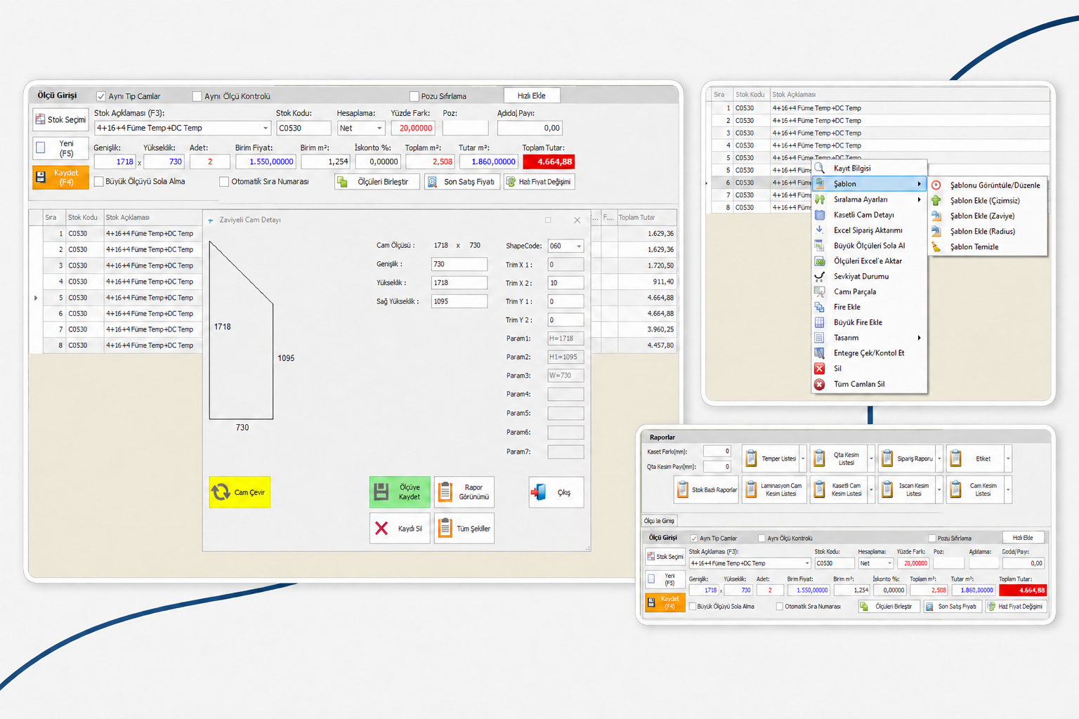 Dimension entry, shaped glass definition, reports and context menu in TutiCad glass order software